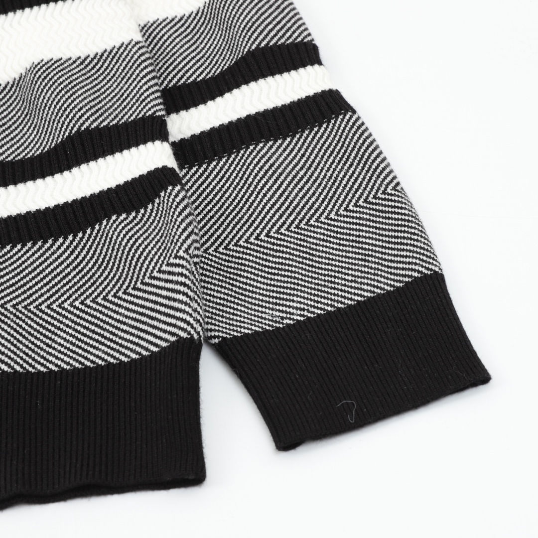 Chanel Black & White Stripe  Double C Embroidered Crew Neck Knit Sweater
