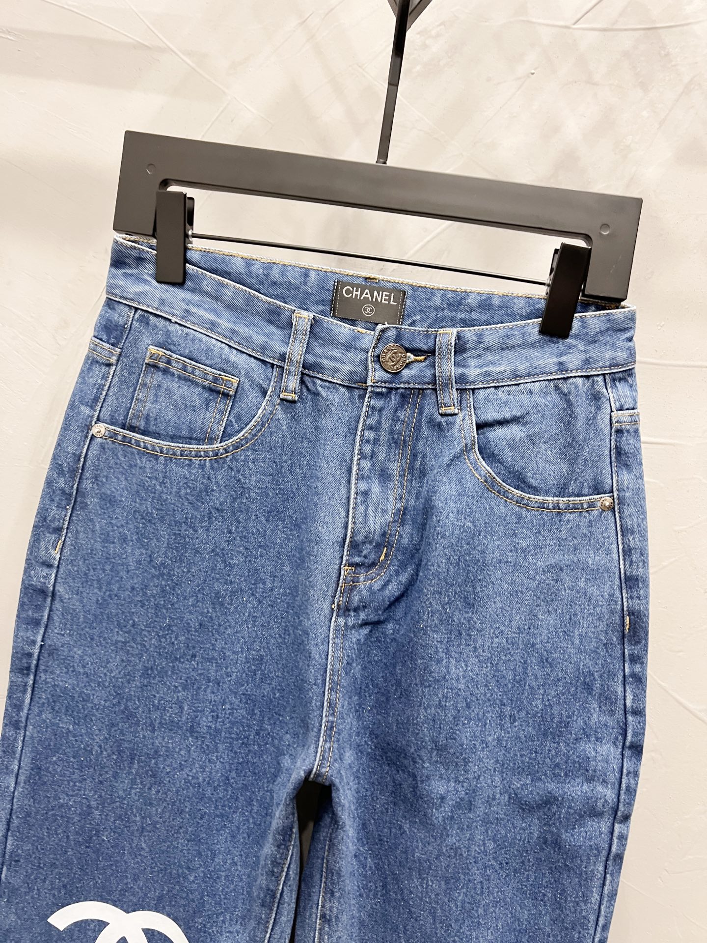 Chanel Straight-Leg Denim Pants with Double C Print Detail