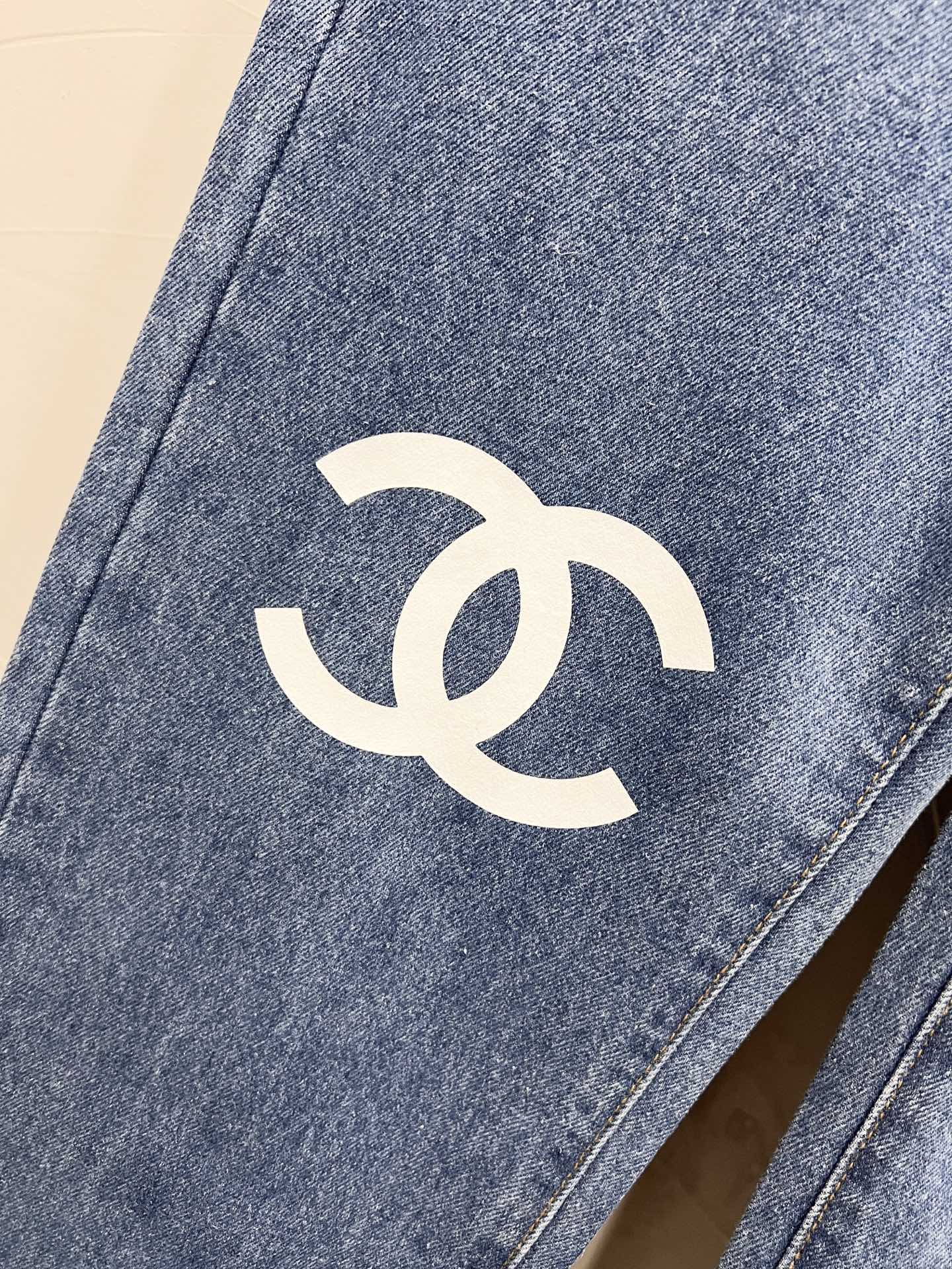 Chanel Straight-Leg Denim Pants with Double C Print Detail
