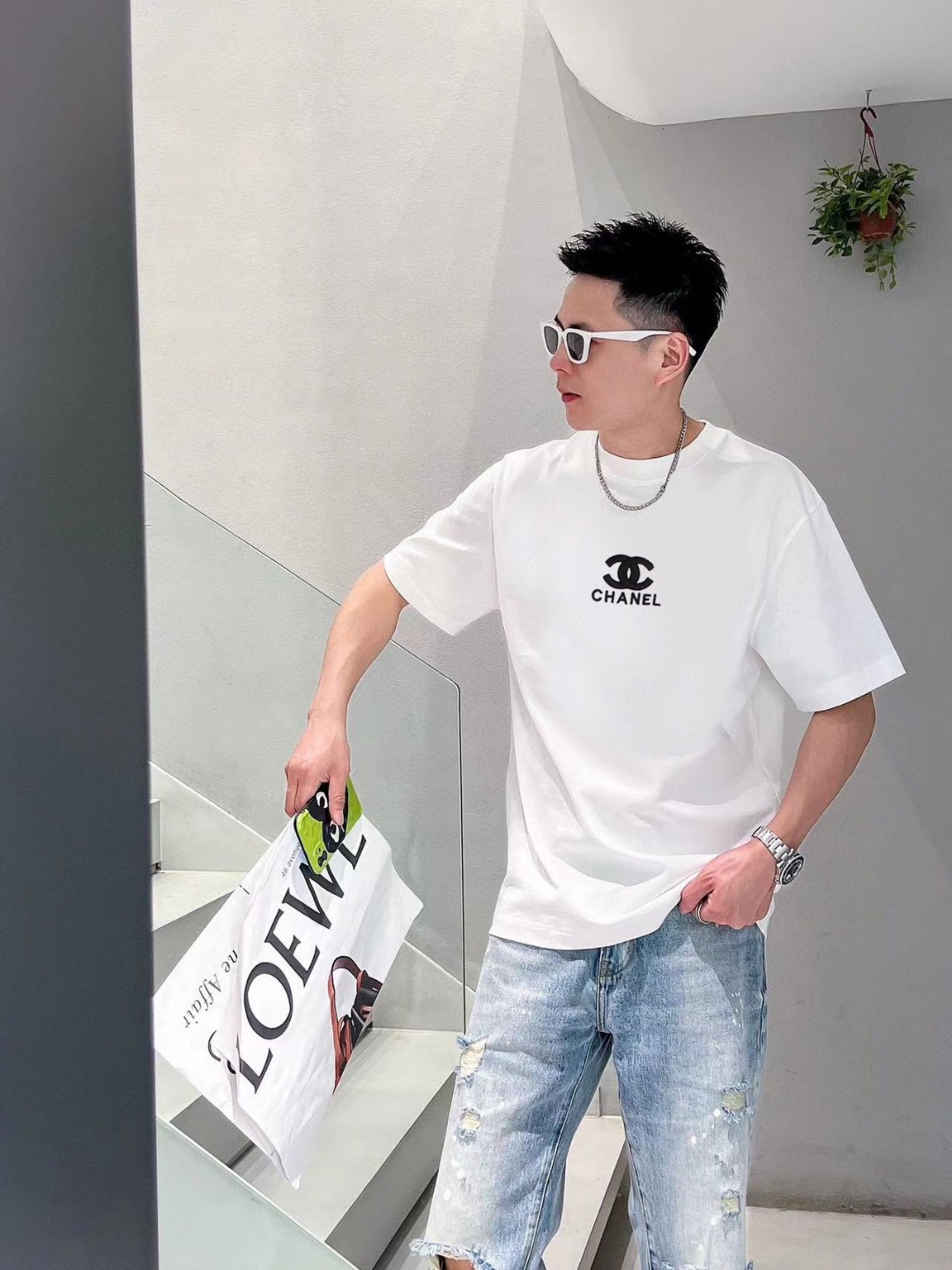 Chanel Crew Neck Short-Sleeve T-Shirt with Double C Logo Print