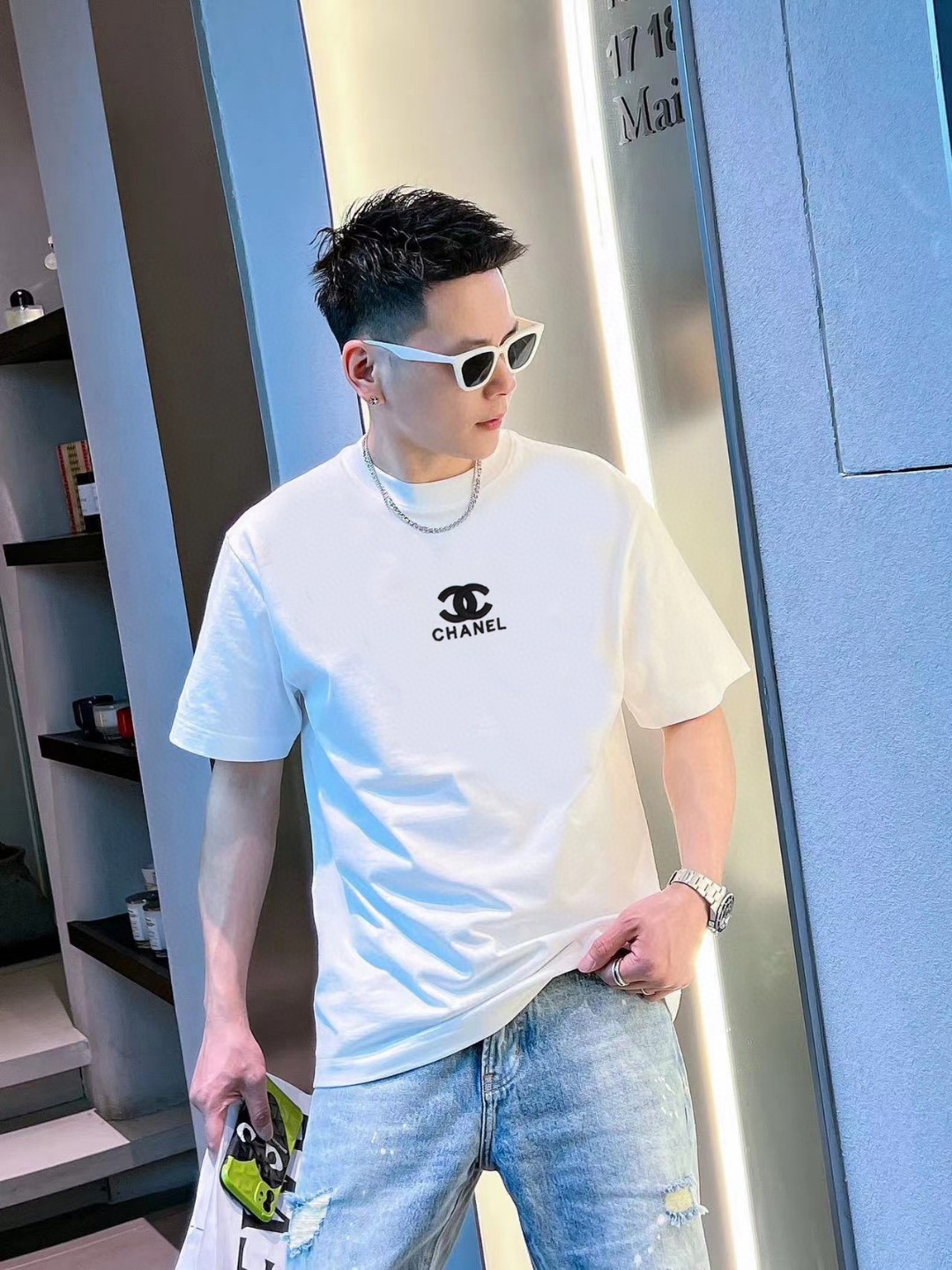 Chanel Crew Neck Short-Sleeve T-Shirt with Double C Logo Print