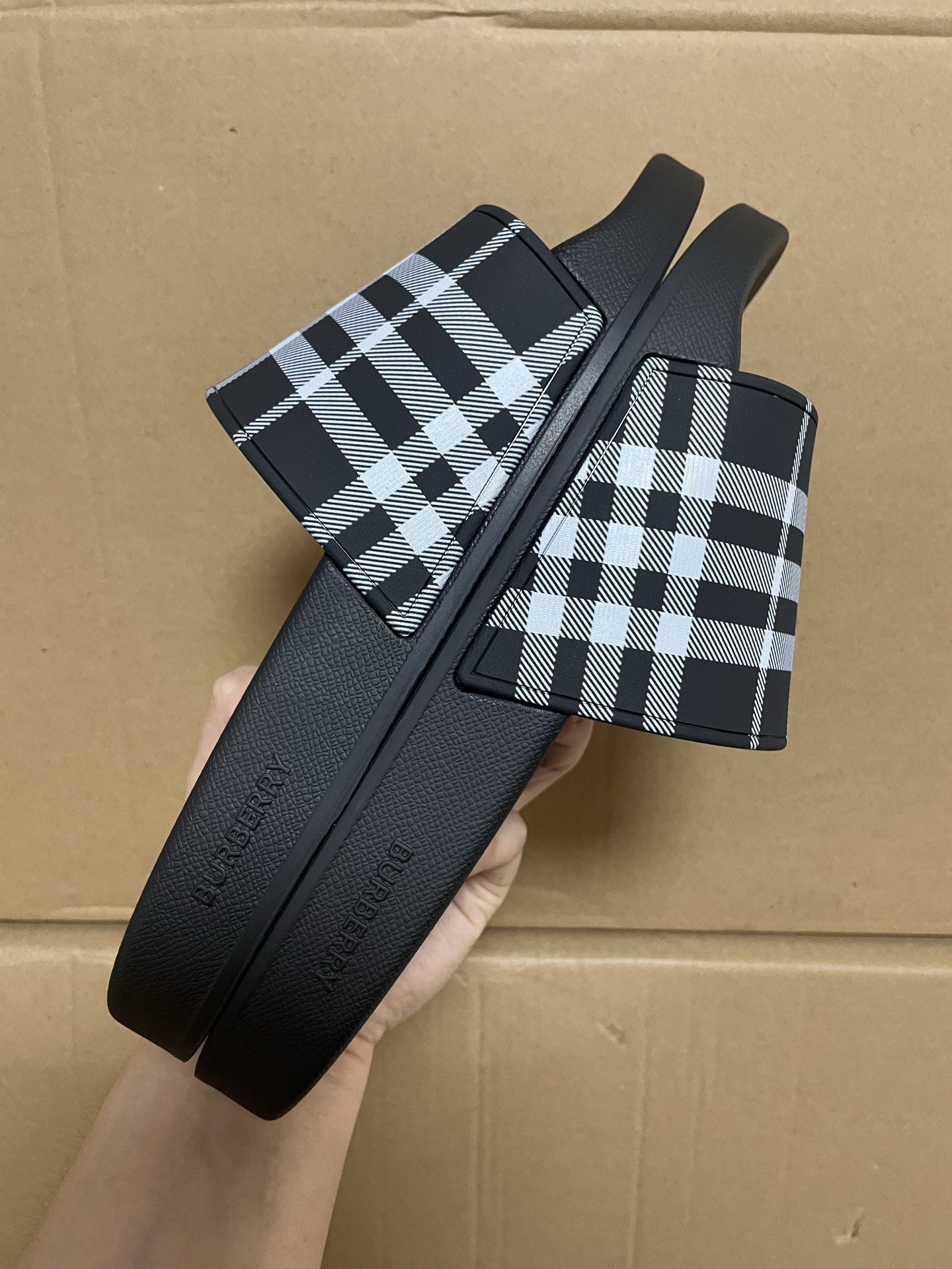 Burberry Black and White Check Comfort Non-Slip Slide Sandals