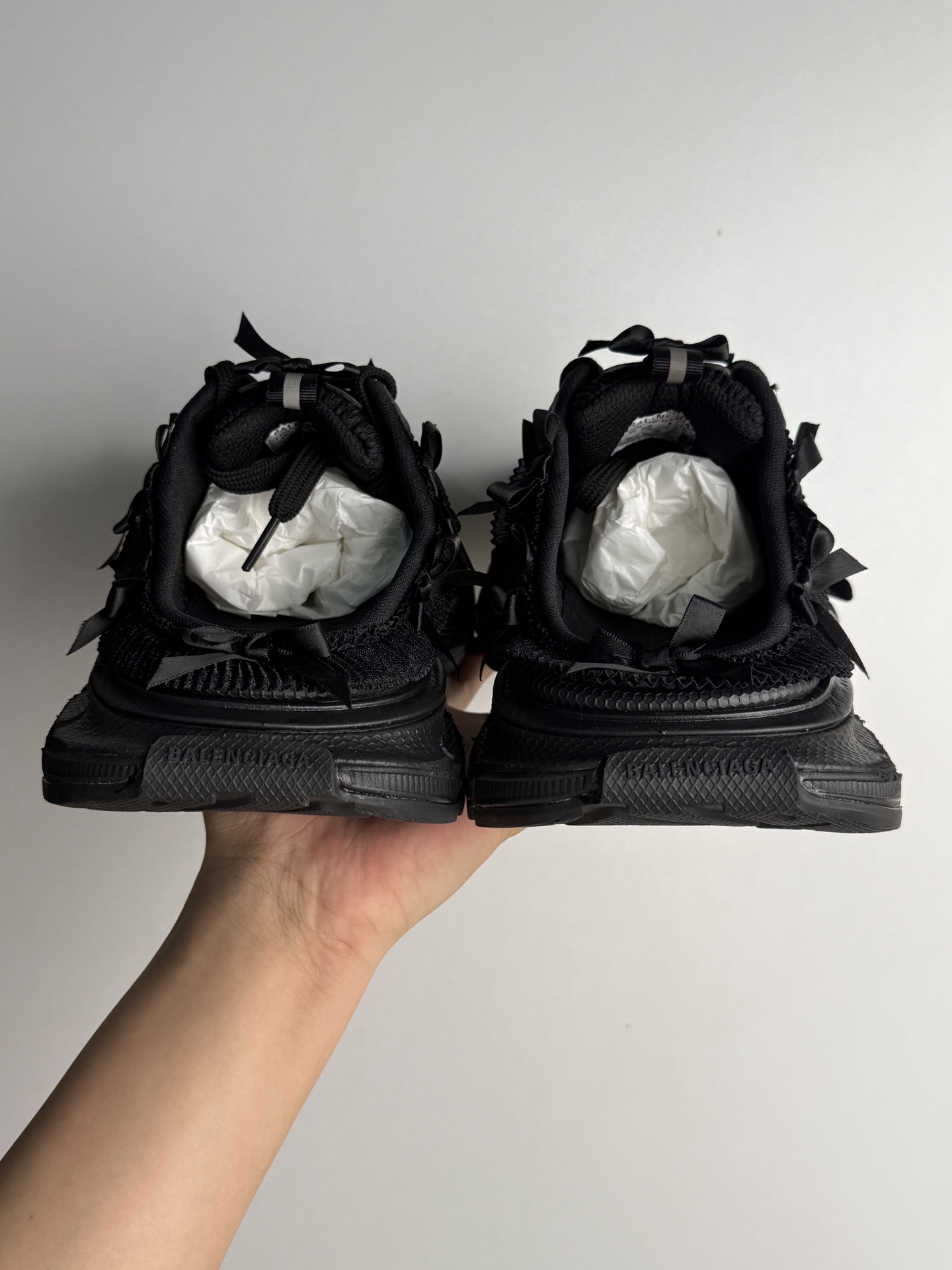 BALENCIAGA 3XL Lace Bow Detail All-Black Chunky Sole Sneakers