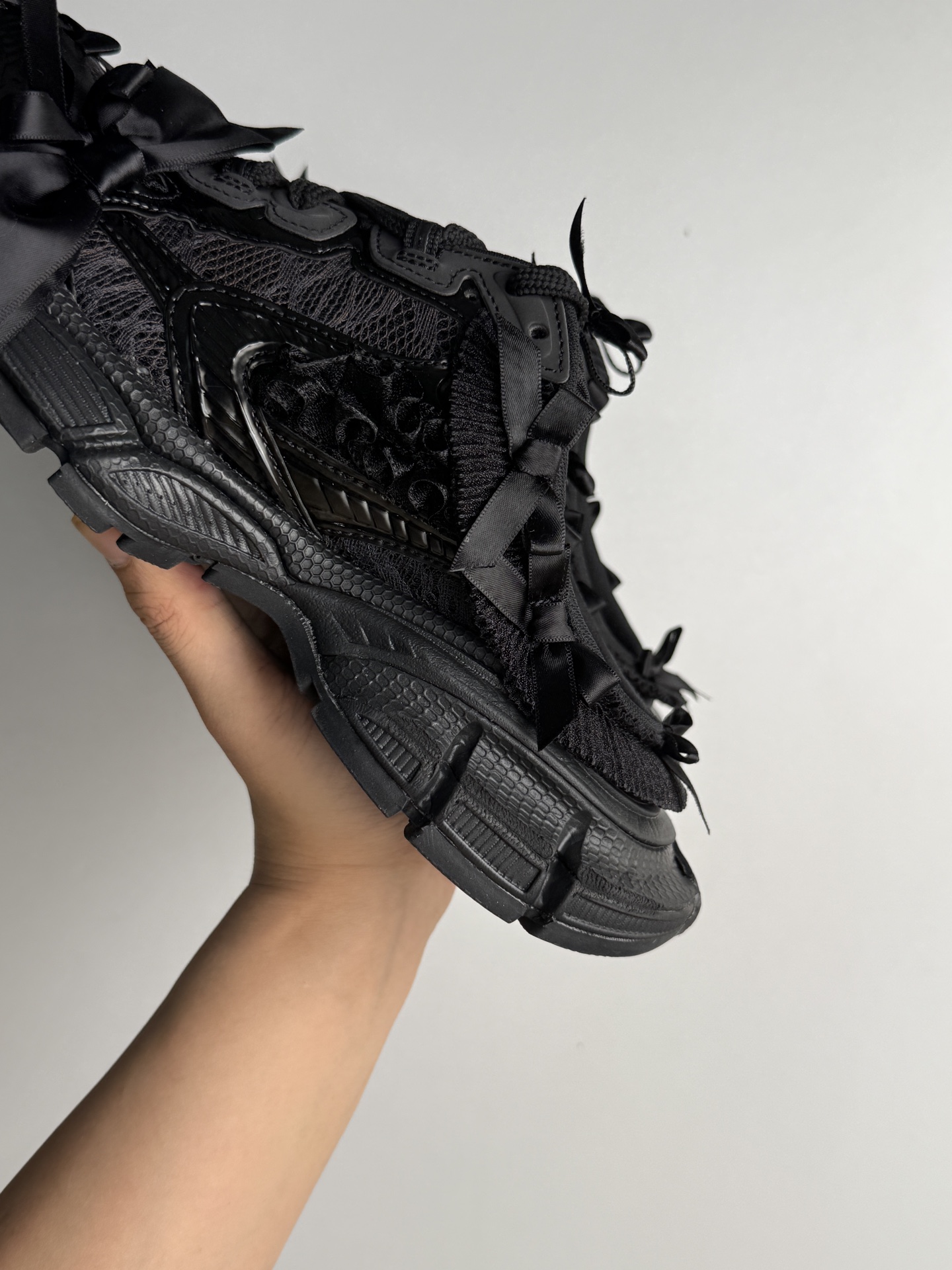 BALENCIAGA 3XL Lace Bow Detail All-Black Chunky Sole Sneakers