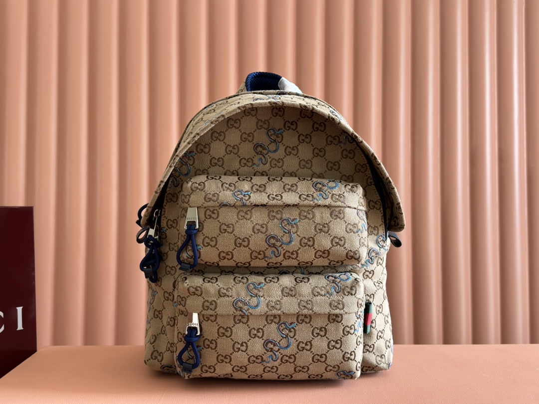 Gucci Model: 800265 Dimensions: 40 cm (length) x 36.5 cm (width) x 23 cm (depth) Weight: Approx. 1.23 kg Color: Snake-patterned apricot blue fabric