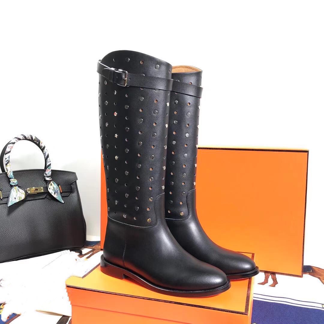 Hermès 2019 Autumn/Winter Perforated Studded Leather Knee-High Boots