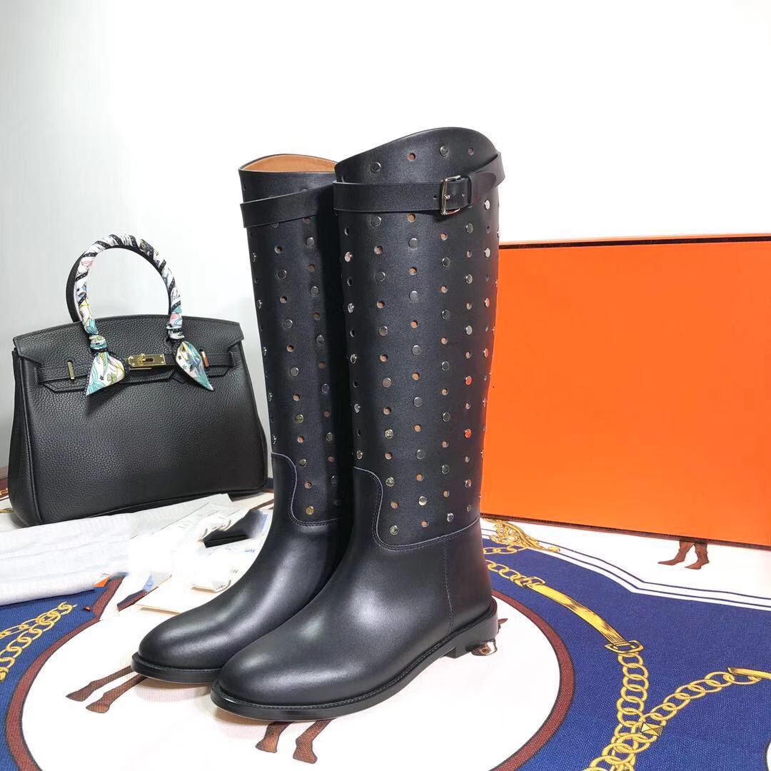 Hermès 2019 Autumn/Winter Perforated Studded Leather Knee-High Boots