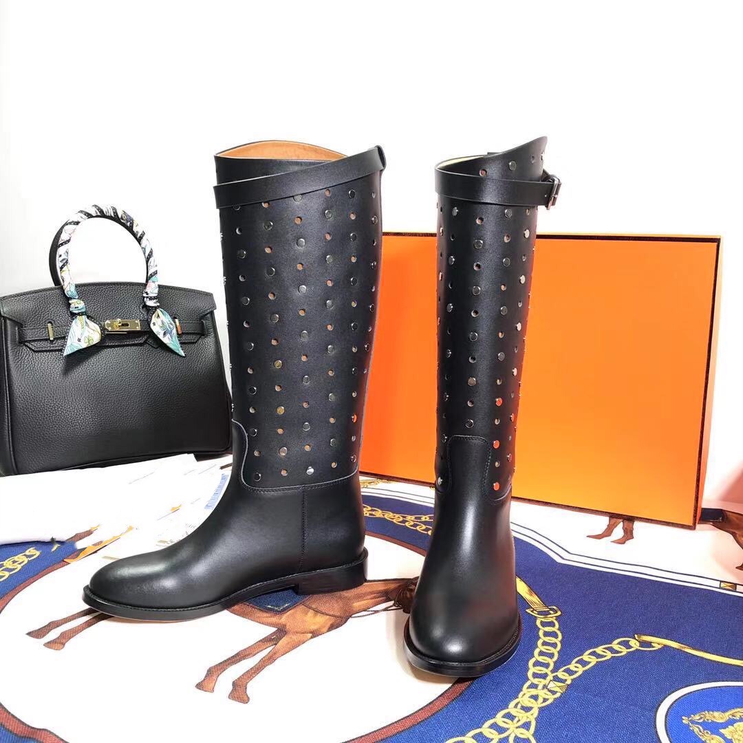 Hermès 2019 Autumn/Winter Perforated Studded Leather Knee-High Boots