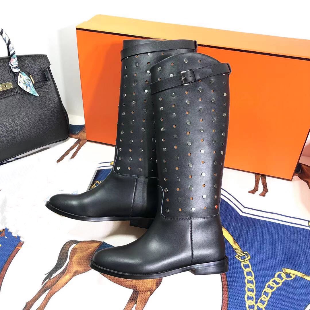 Hermès 2019 Autumn/Winter Perforated Studded Leather Knee-High Boots