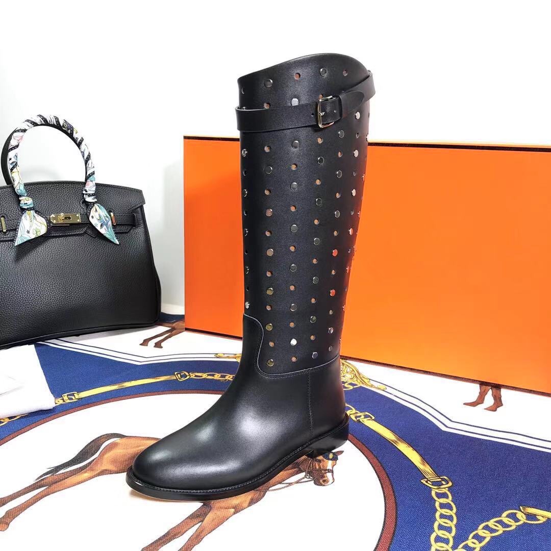 Hermès 2019 Autumn/Winter Perforated Studded Leather Knee-High Boots