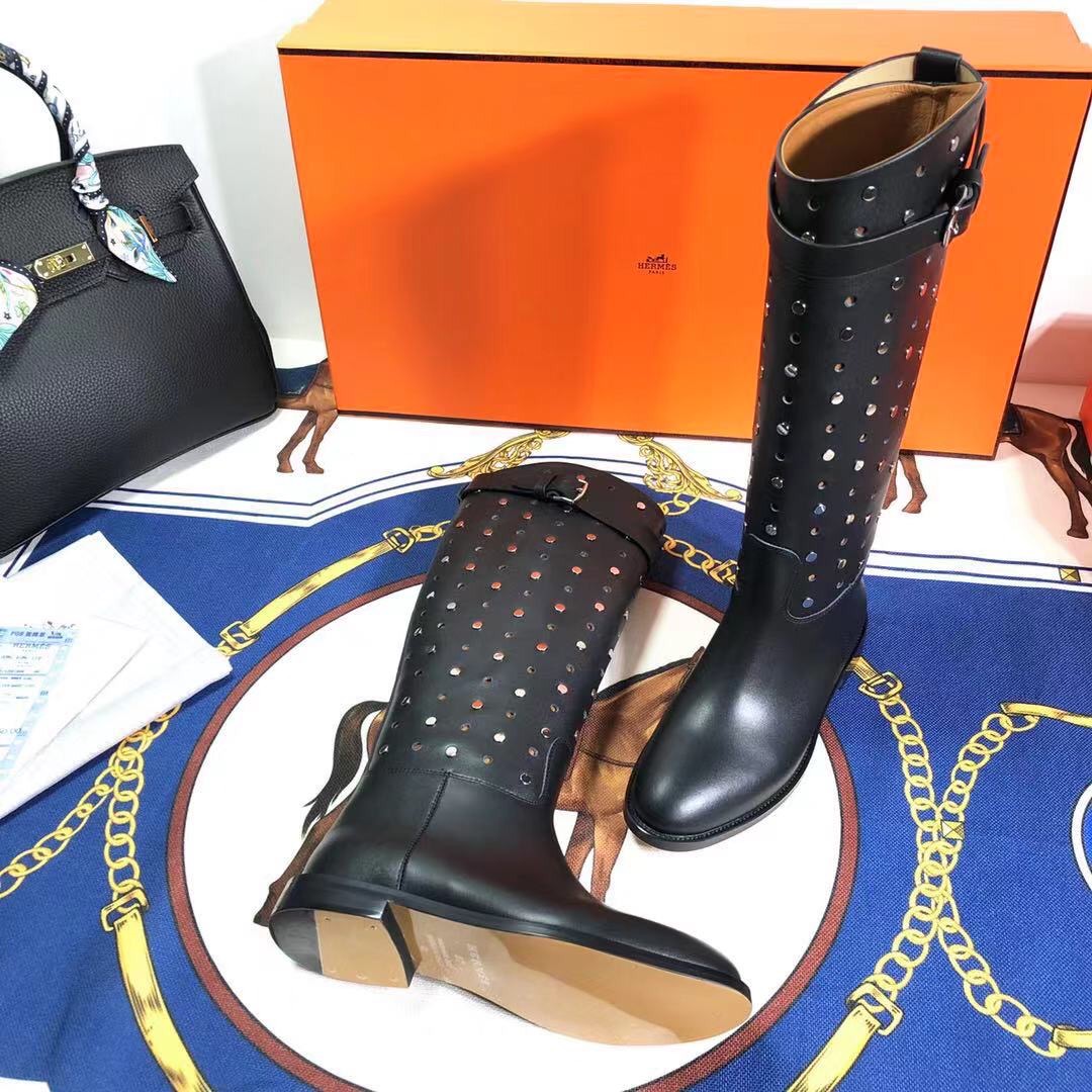 Hermès 2019 Autumn/Winter Perforated Studded Leather Knee-High Boots