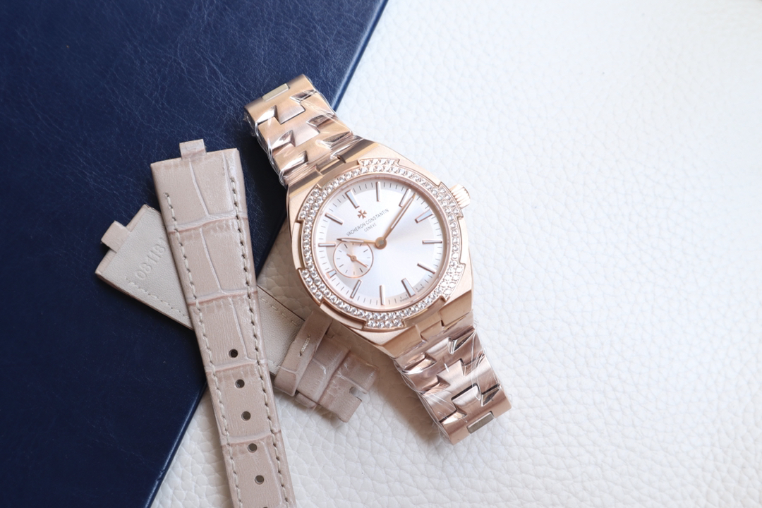 Vacheron Constantin Overseas Ladies Rose Gold Watch - Diamond Bezel, Silver Dial, Stainless Steel Bracelet Case diameter 36x10.8mm