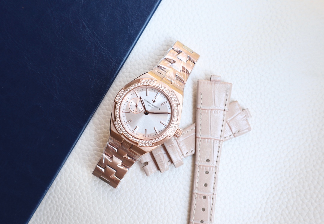 Vacheron Constantin Overseas Ladies Rose Gold Watch - Diamond Bezel, Silver Dial, Stainless Steel Bracelet Case diameter 36x10.8mm