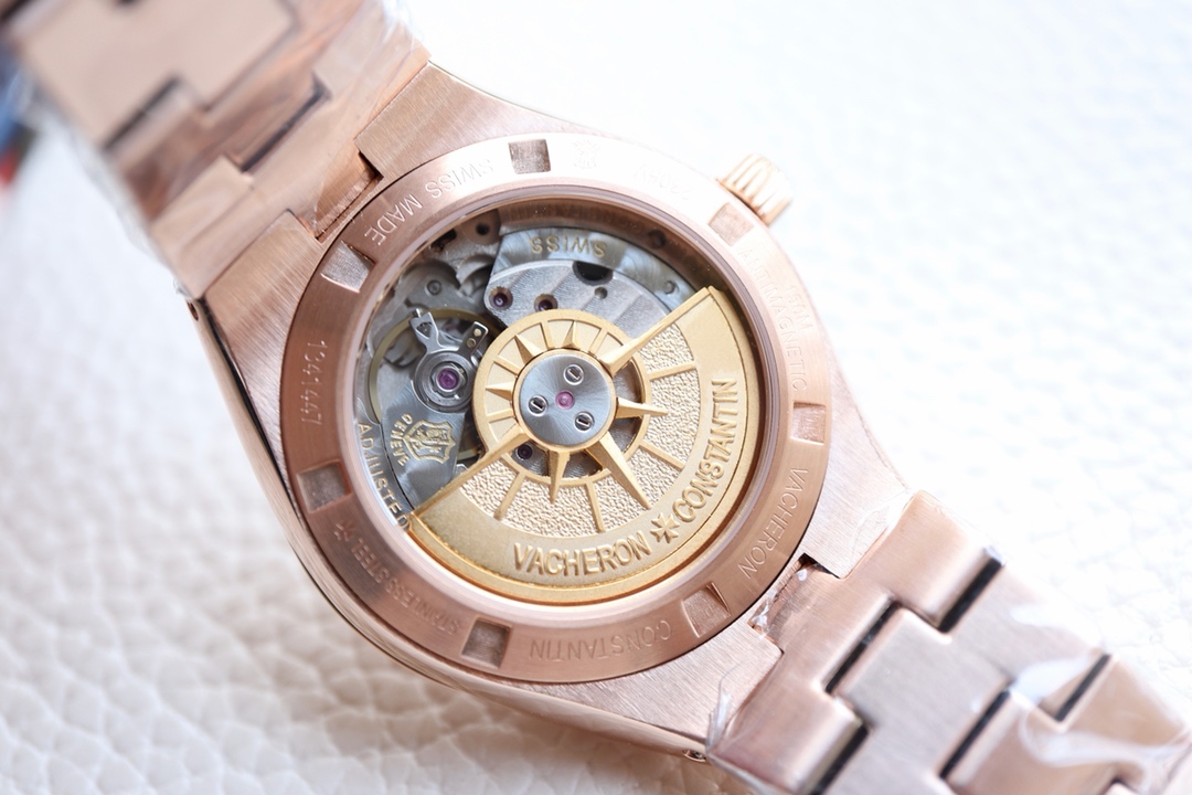 Vacheron Constantin Overseas Ladies Rose Gold Watch - Diamond Bezel, Silver Dial, Stainless Steel Bracelet Case diameter 36x10.8mm