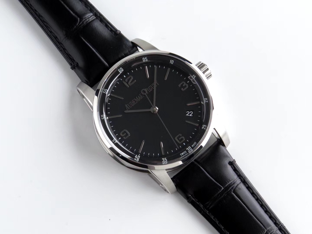 AUDEMARS PIGUET Jules Audemars Watch - 39mm Stainless Steel Case, Black Alligator Strap, Black Dial, Date Display