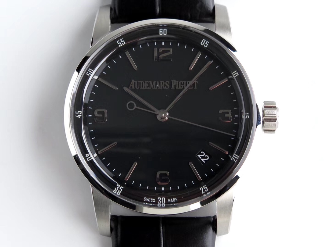AUDEMARS PIGUET Jules Audemars Watch - 39mm Stainless Steel Case, Black Alligator Strap, Black Dial, Date Display