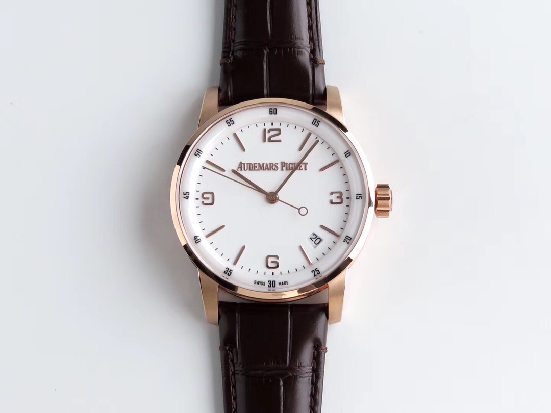 AUDEMARS PIGUET Jules Audemars Watch 18K Rose Gold Case, Brown Alligator Strap, White Dial, Date Display