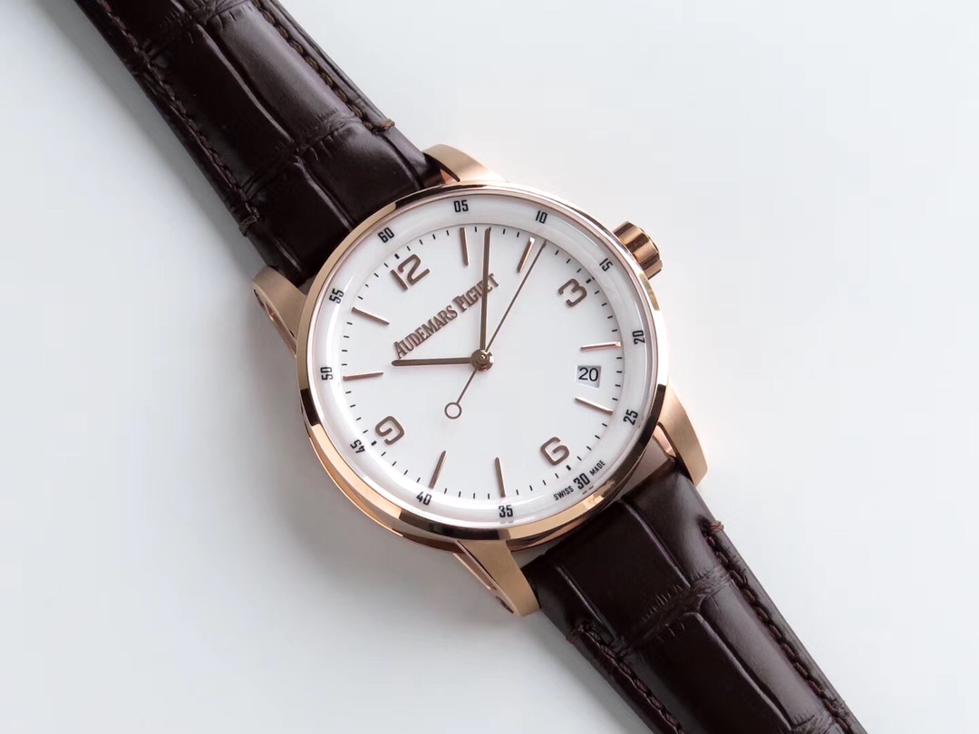 AUDEMARS PIGUET Jules Audemars Watch 18K Rose Gold Case, Brown Alligator Strap, White Dial, Date Display