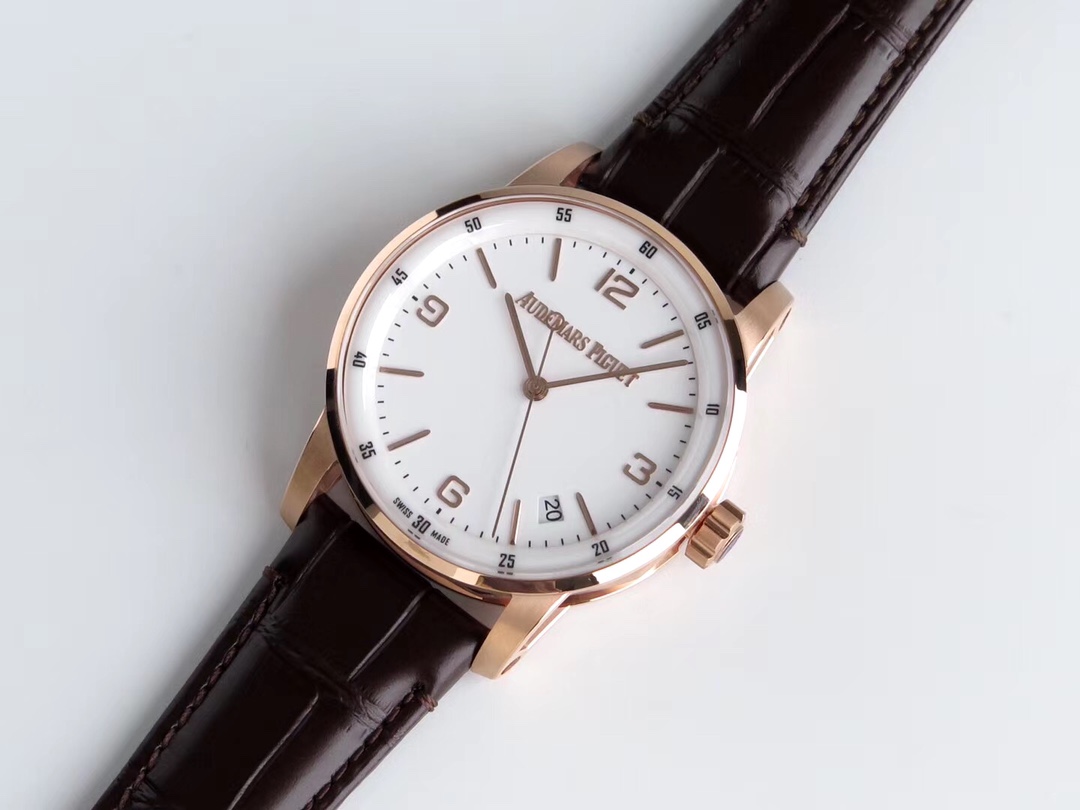 AUDEMARS PIGUET Jules Audemars Watch 18K Rose Gold Case, Brown Alligator Strap, White Dial, Date Display