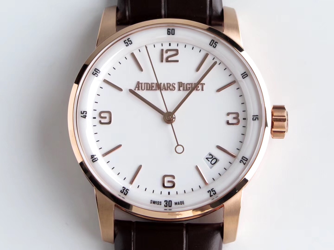 AUDEMARS PIGUET Jules Audemars Watch 18K Rose Gold Case, Brown Alligator Strap, White Dial, Date Display