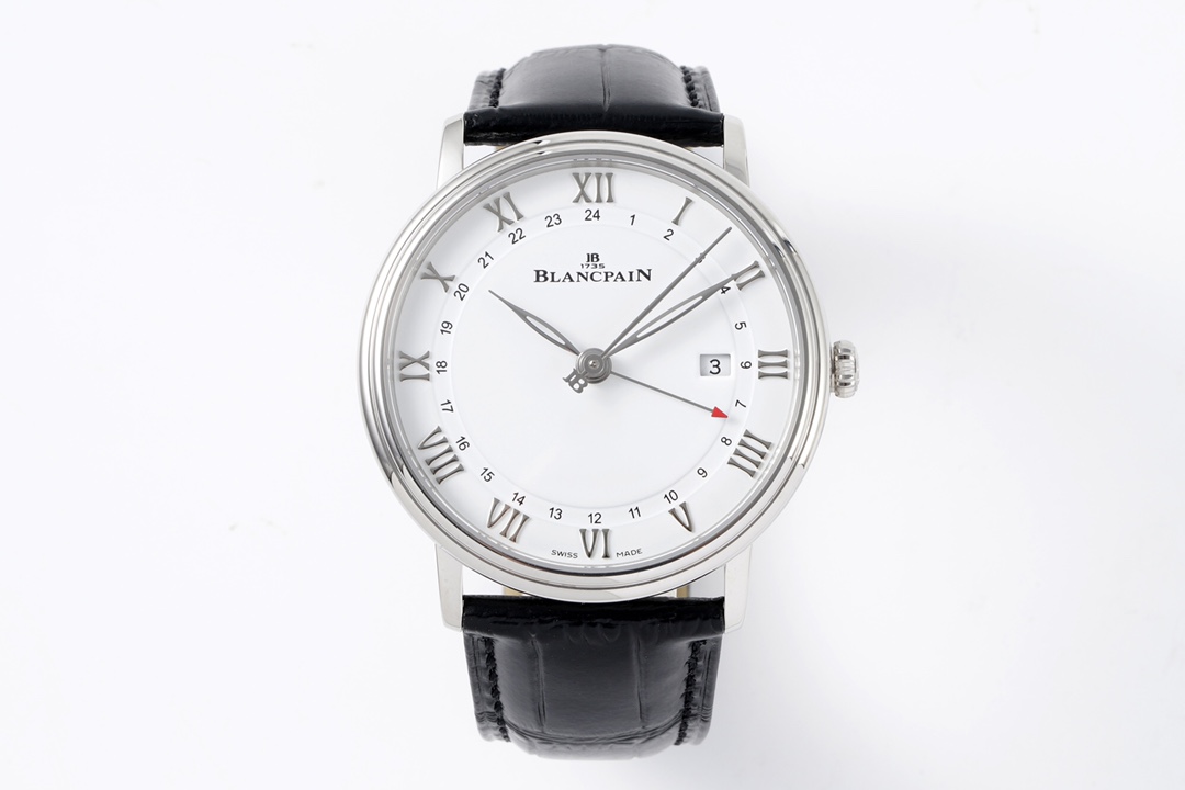Blancpain Villeret GMT Date Men’s Watch (Ref. 6662-1127-55B) – 40.5mm Stainless Steel, White Dial, Alligator Strap