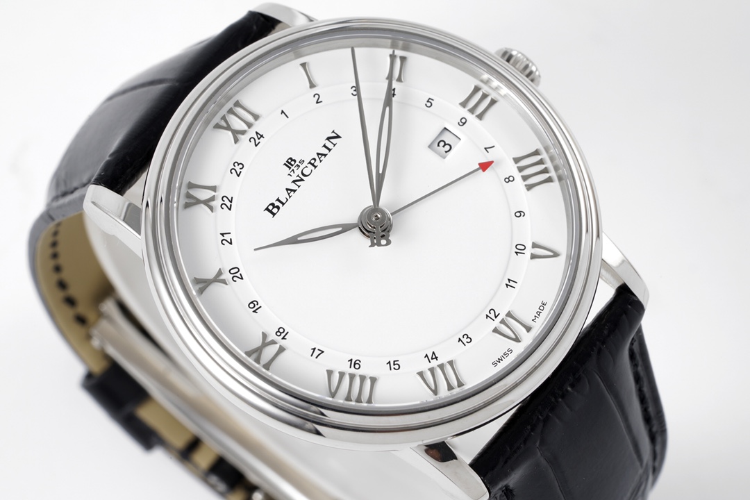 Blancpain Villeret GMT Date Men’s Watch (Ref. 6662-1127-55B) – 40.5mm Stainless Steel, White Dial, Alligator Strap