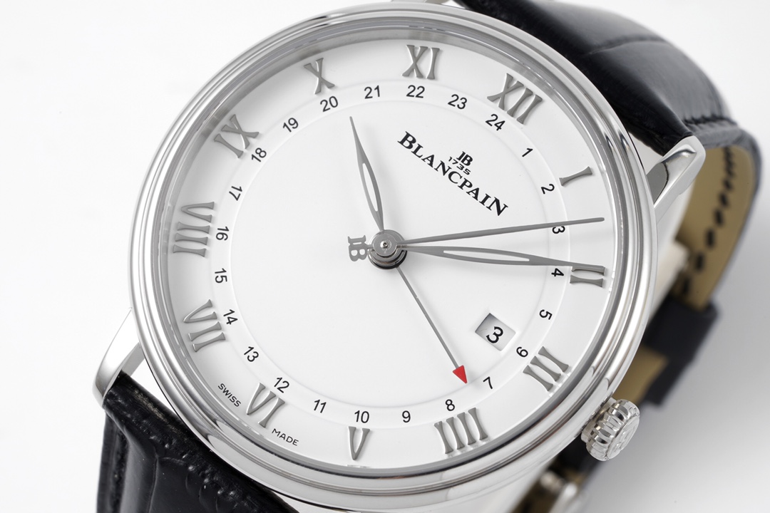 Blancpain Villeret GMT Date Men’s Watch (Ref. 6662-1127-55B) – 40.5mm Stainless Steel, White Dial, Alligator Strap