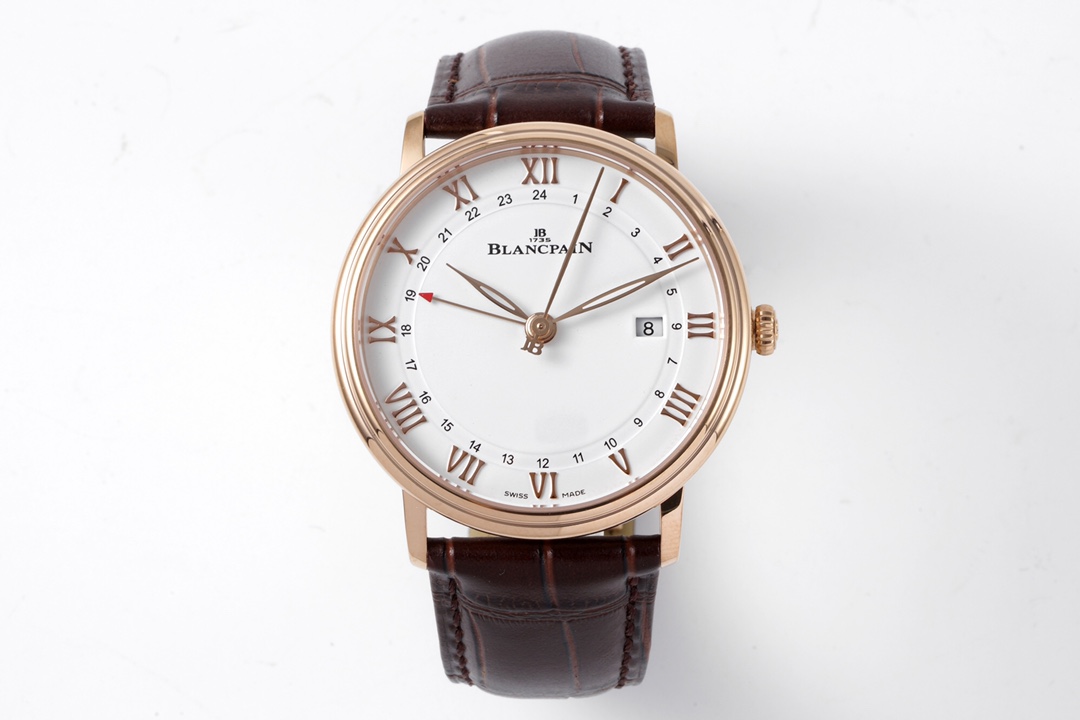 Blancpain Villeret GMT Date 40.5mm 18K Rose Gold Watch (Ref. 6662-3642-55B) – White Dial, Brown Alligator Strap