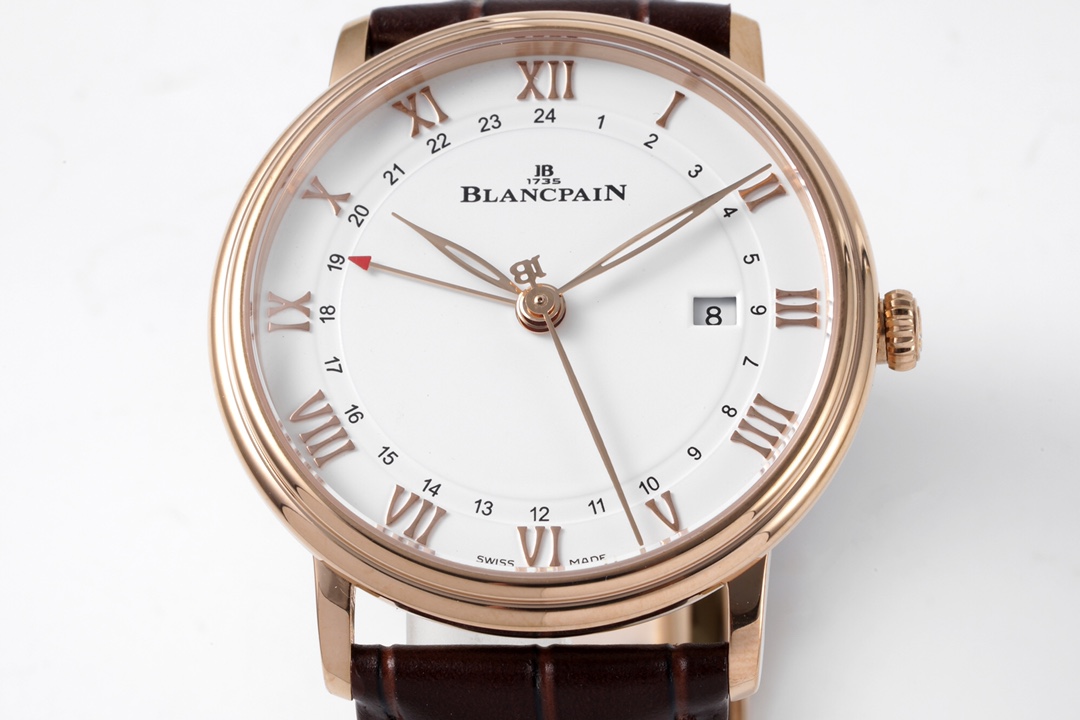 Blancpain Villeret GMT Date 40.5mm 18K Rose Gold Watch (Ref. 6662-3642-55B) – White Dial, Brown Alligator Strap