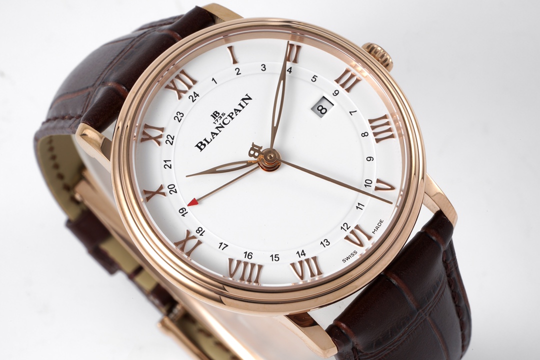 Blancpain Villeret GMT Date 40.5mm 18K Rose Gold Watch (Ref. 6662-3642-55B) – White Dial, Brown Alligator Strap