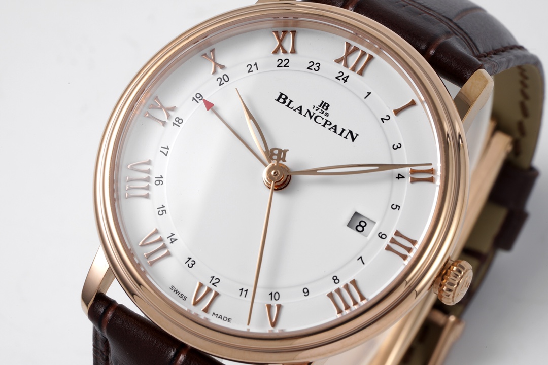 Blancpain Villeret GMT Date 40.5mm 18K Rose Gold Watch (Ref. 6662-3642-55B) – White Dial, Brown Alligator Strap