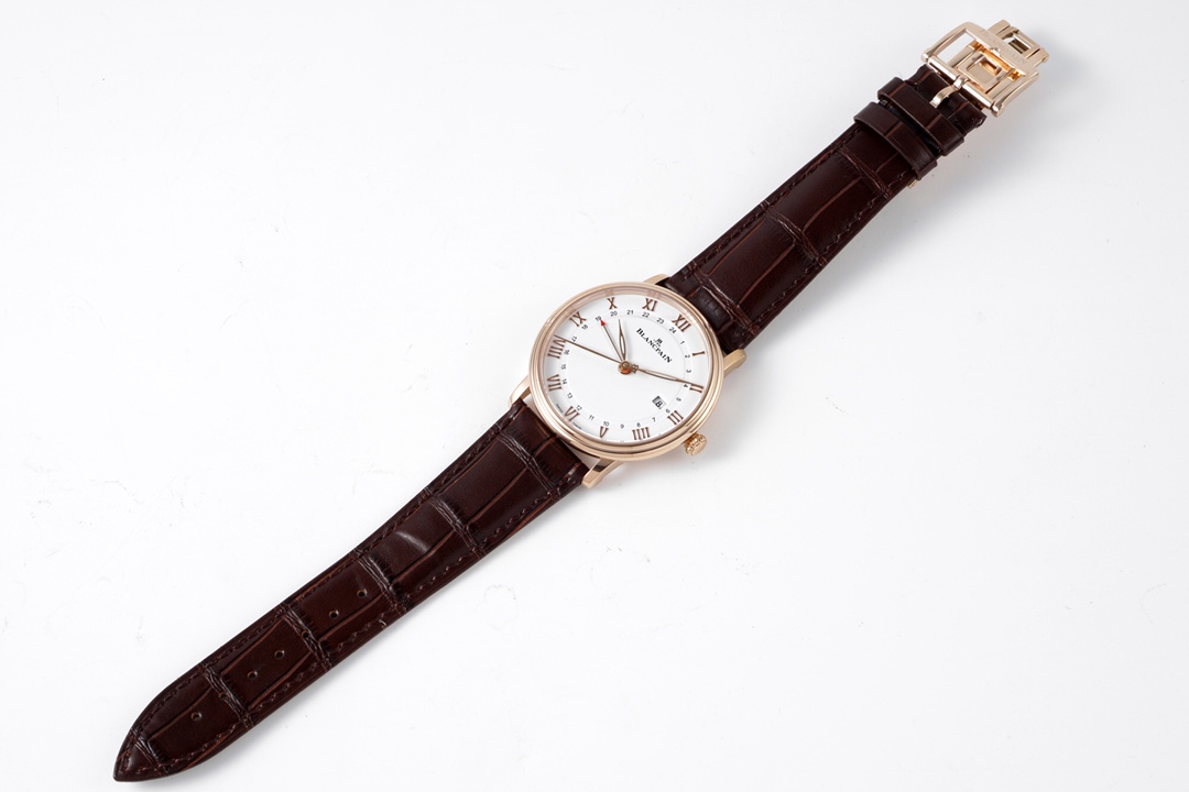 Blancpain Villeret GMT Date 40.5mm 18K Rose Gold Watch (Ref. 6662-3642-55B) – White Dial, Brown Alligator Strap