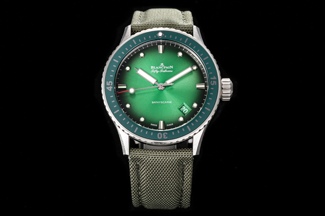 Blancpain Fifty Fathoms Bathyscaphe 43.6mm Ceramic Watch – Green Dial, Canvas Strap (Ref. 5000-0153-B52A)