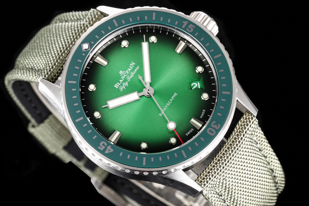 Blancpain Fifty Fathoms Bathyscaphe 43.6mm Ceramic Watch – Green Dial, Canvas Strap (Ref. 5000-0153-B52A)