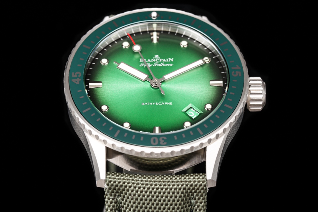 Blancpain Fifty Fathoms Bathyscaphe 43.6mm Ceramic Watch – Green Dial, Canvas Strap (Ref. 5000-0153-B52A)