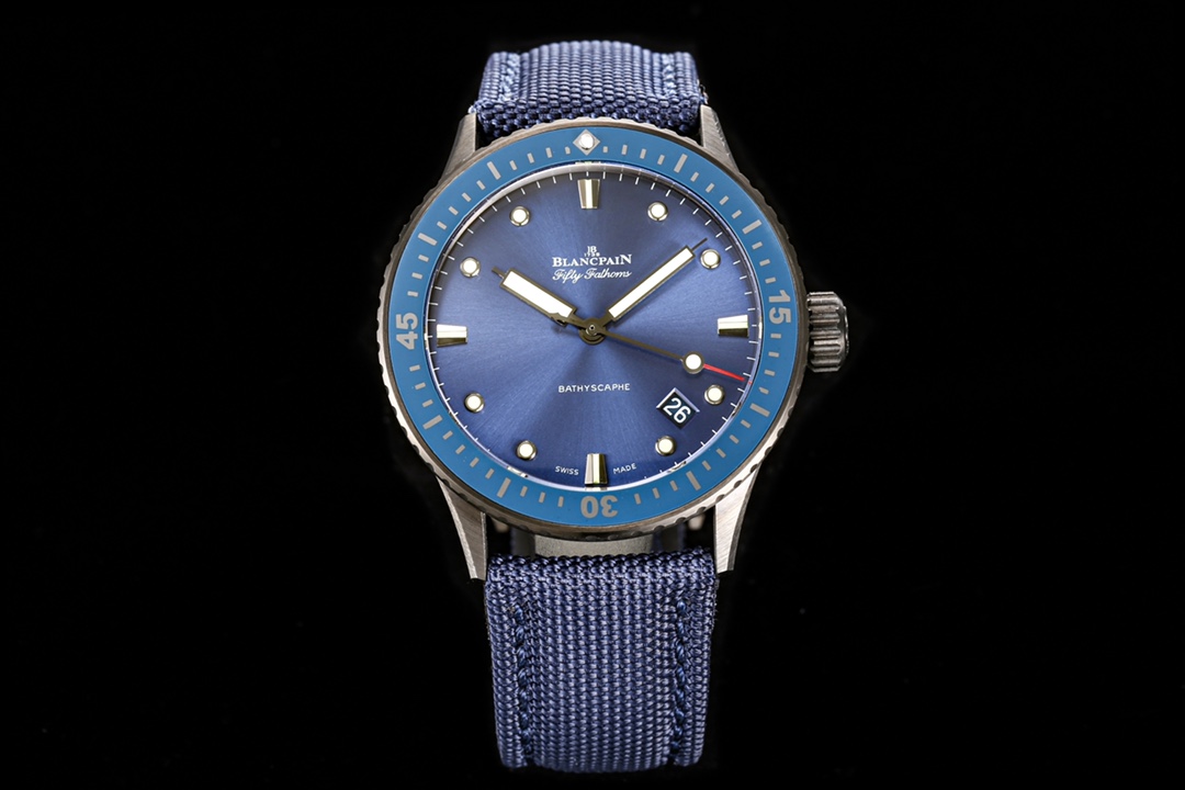 Blancpain Fifty Fathoms Bathyscaphe 43.6mm Titanium Watch – Blue Dial, Blue Canvas Strap (Ref. 5000-0240-B52A)