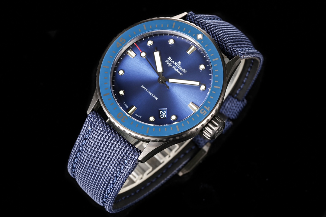 Blancpain Fifty Fathoms Bathyscaphe 43.6mm Titanium Watch – Blue Dial, Blue Canvas Strap (Ref. 5000-0240-B52A)