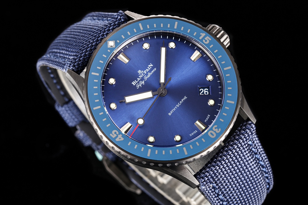 Blancpain Fifty Fathoms Bathyscaphe 43.6mm Titanium Watch – Blue Dial, Blue Canvas Strap (Ref. 5000-0240-B52A)