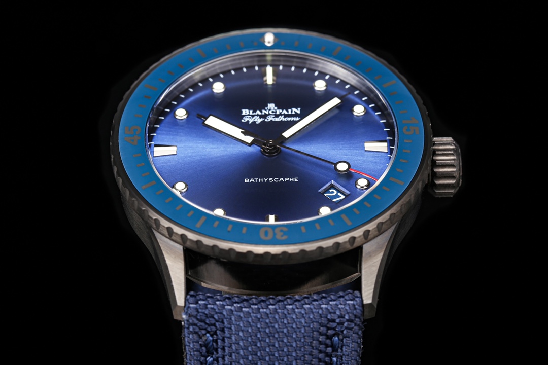 Blancpain Fifty Fathoms Bathyscaphe 43.6mm Titanium Watch – Blue Dial, Blue Canvas Strap (Ref. 5000-0240-B52A)