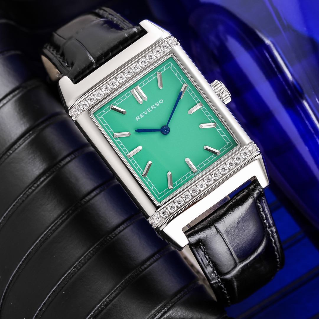 Jaeger-LeCoultre Reverso Watch - 48.5x24mm Stainless Steel Case with Diamond Bezel, Green Dial, Black Leather Strap, Swiss Made