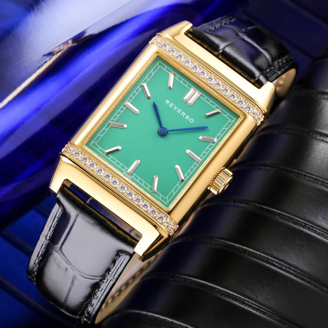 Jaeger-LeCoultre Reverso Watch - 48.5x24mm Stainless Steel Case with Diamond Bezel, Green Dial, Black Leather Strap, Swiss Made