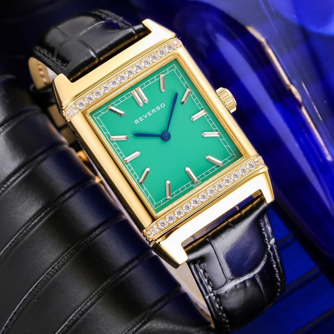 Jaeger-LeCoultre Reverso Watch - 48.5x24mm Stainless Steel Case with Diamond Bezel, Green Dial, Black Leather Strap, Swiss Made