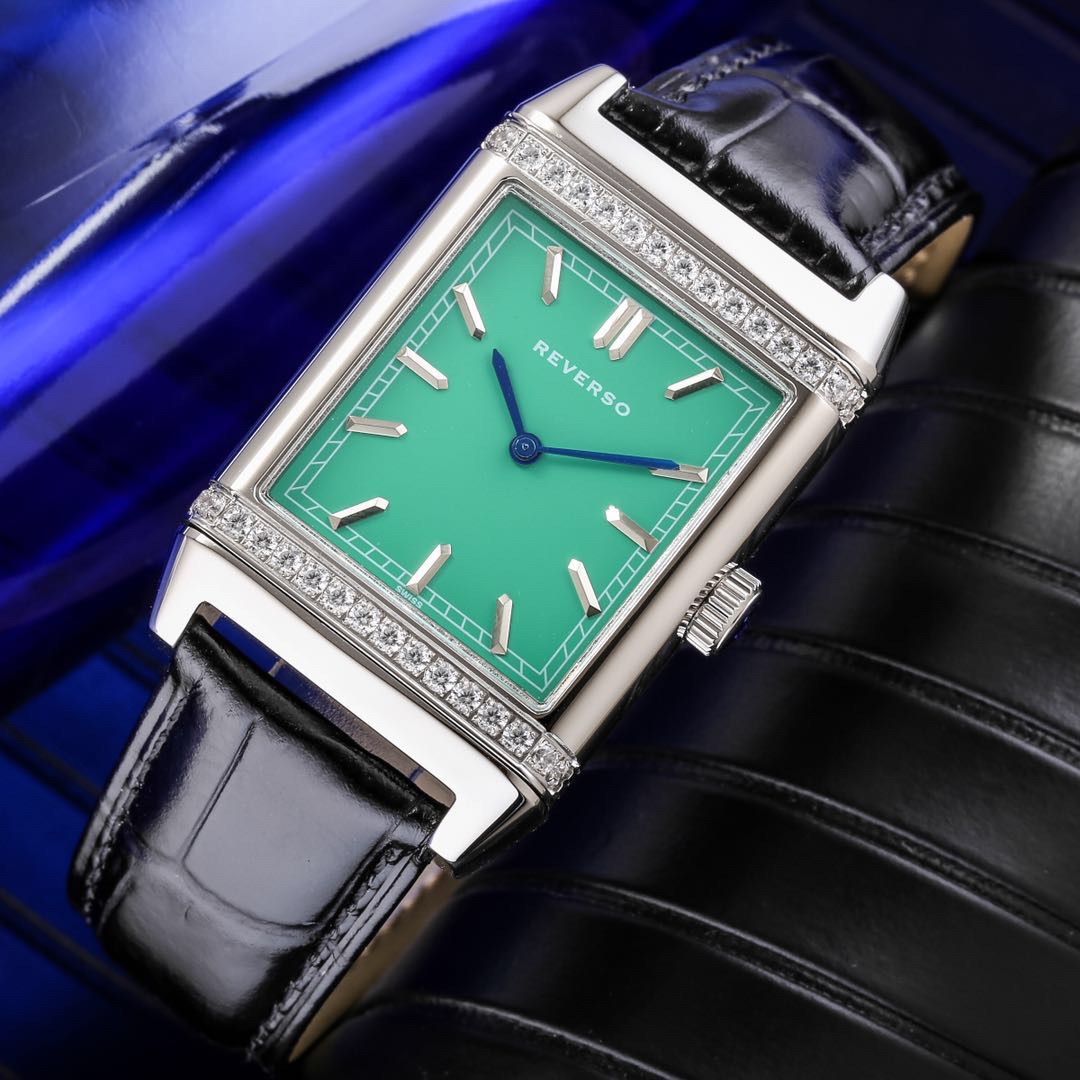 Jaeger-LeCoultre Reverso Watch - 48.5x24mm Stainless Steel Case with Diamond Bezel, Green Dial, Black Leather Strap, Swiss Made