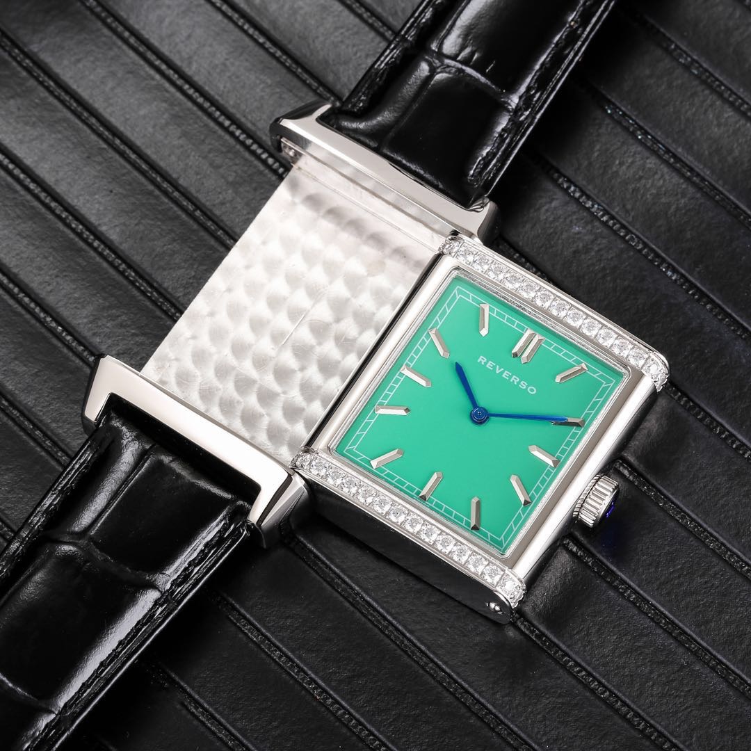 Jaeger-LeCoultre Reverso Watch - 48.5x24mm Stainless Steel Case with Diamond Bezel, Green Dial, Black Leather Strap, Swiss Made
