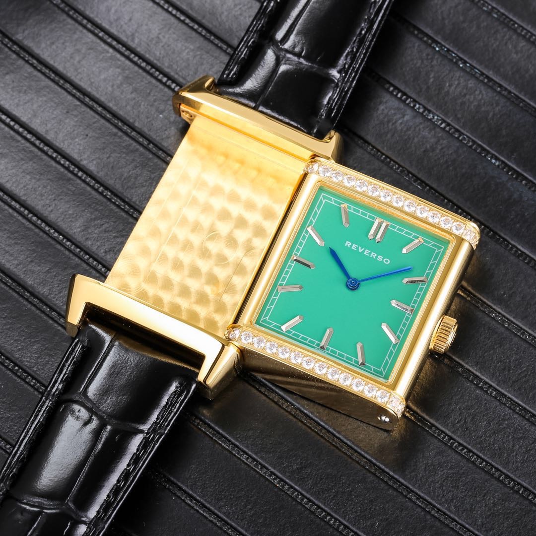 Jaeger-LeCoultre Reverso Watch - 48.5x24mm Stainless Steel Case with Diamond Bezel, Green Dial, Black Leather Strap, Swiss Made