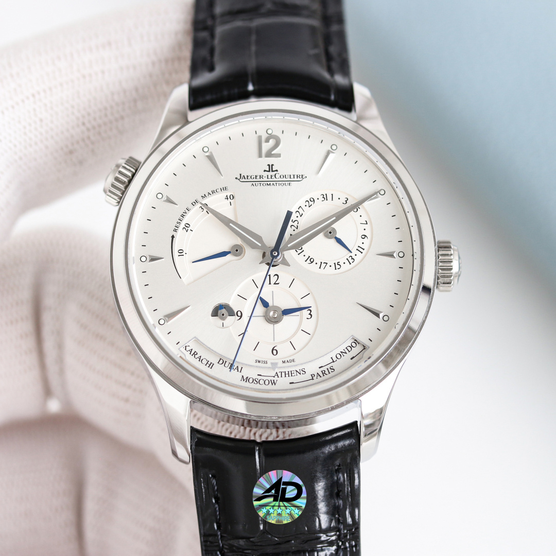 Jaeger-LeCoultre World Time Automatic Watch - Stainless Steel Case, White Dial, Black Leather Strap, Swiss Made 39mm