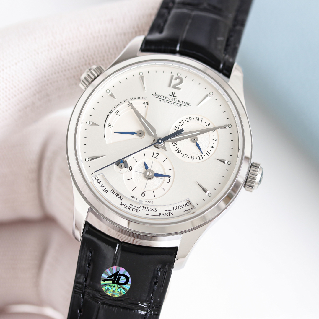 Jaeger-LeCoultre World Time Automatic Watch - Stainless Steel Case, White Dial, Black Leather Strap, Swiss Made 39mm