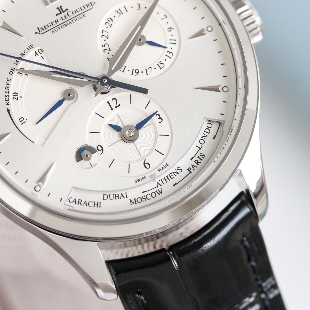 Jaeger-LeCoultre World Time Automatic Watch - Stainless Steel Case, White Dial, Black Leather Strap, Swiss Made 39mm