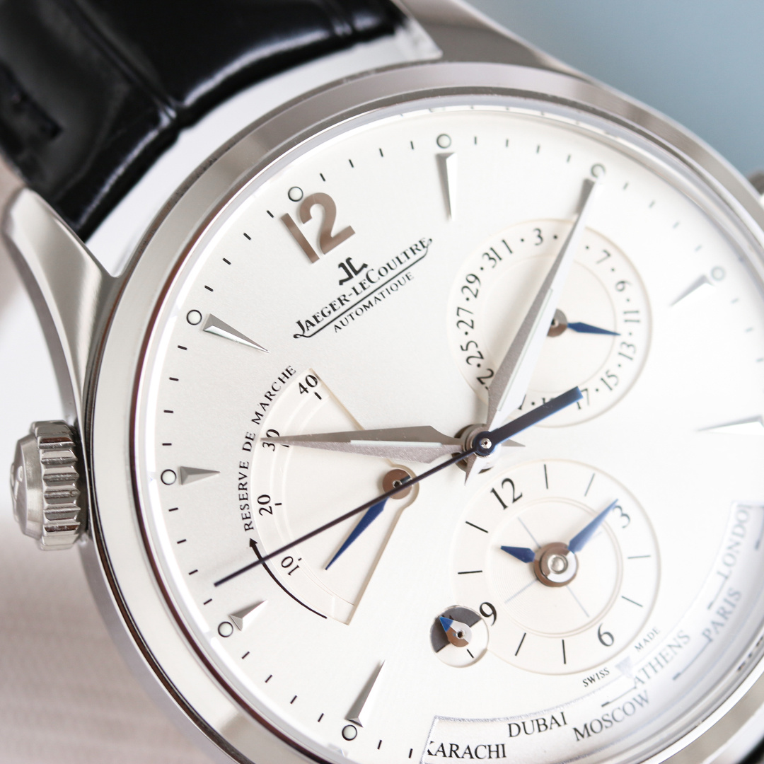 Jaeger-LeCoultre World Time Automatic Watch - Stainless Steel Case, White Dial, Black Leather Strap, Swiss Made 39mm