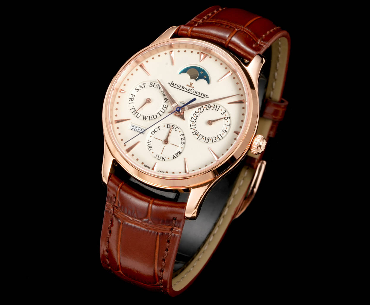 Jaeger-LeCoultre Perpetual Calendar Moon Phase Watch - Rose Gold Case, Ivory Dial, Brown Leather Strap, Swiss Made